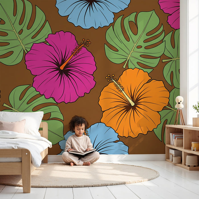 Behang kinderkamer | Kleurrijke hibiscusbloemen en tropisch blad