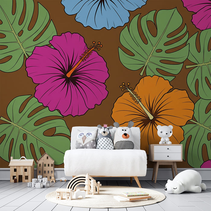 Behang kinderkamer | Kleurrijke hibiscusbloemen en tropisch blad