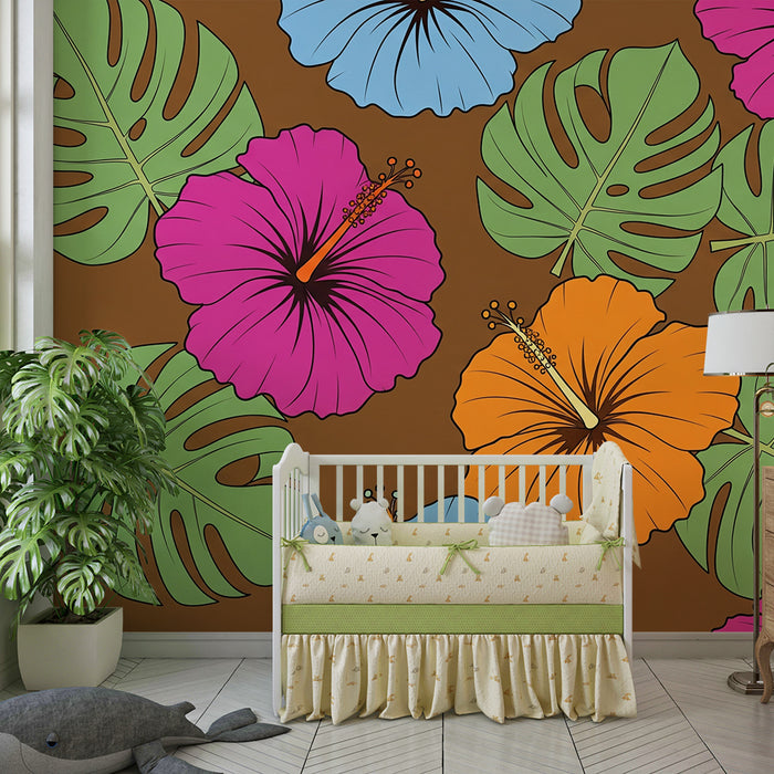 Behang kinderkamer | Kleurrijke hibiscusbloemen en tropisch blad