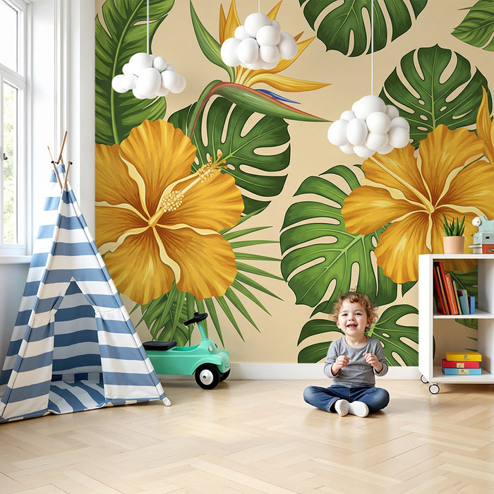 Papier peint chambre enfant | Fleurs d'hibiscus jaunes et feuillage tropical