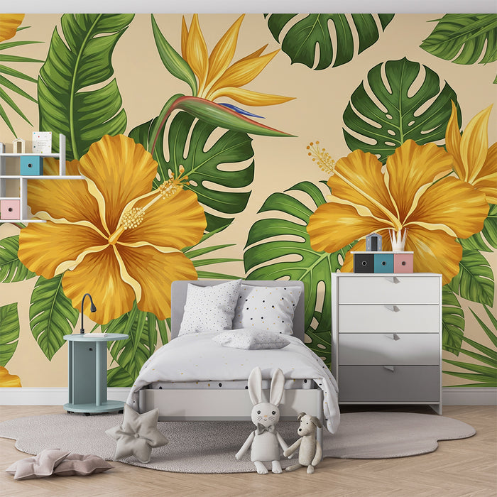 Papier peint chambre enfant | Fleurs d'hibiscus jaunes et feuillage tropical