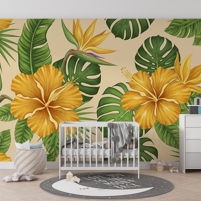 Papier peint chambre enfant | Fleurs d'hibiscus jaunes et feuillage tropical