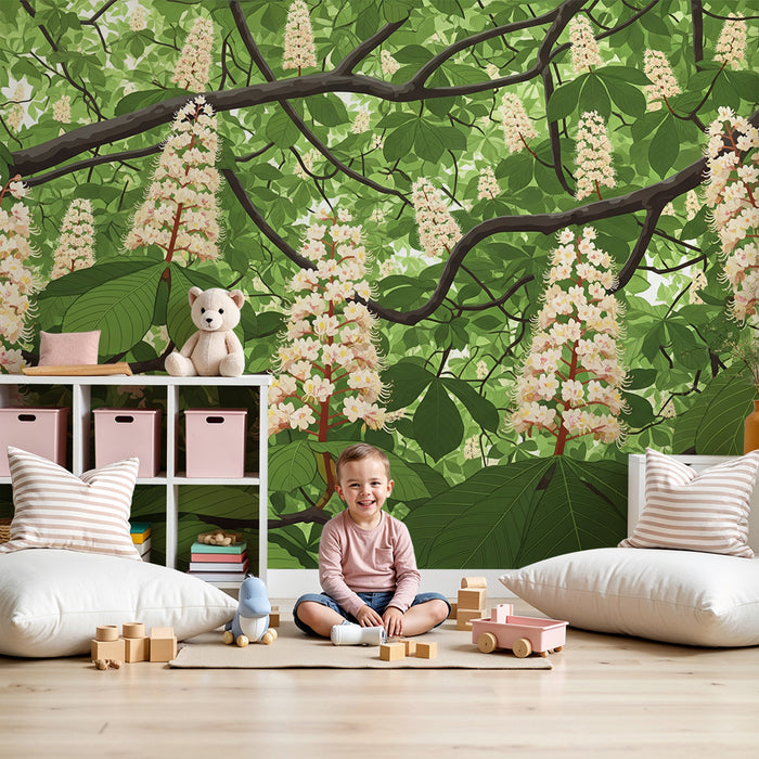 Papel de parede para quarto de criança | Flores de castanheiro e folhagem exuberante