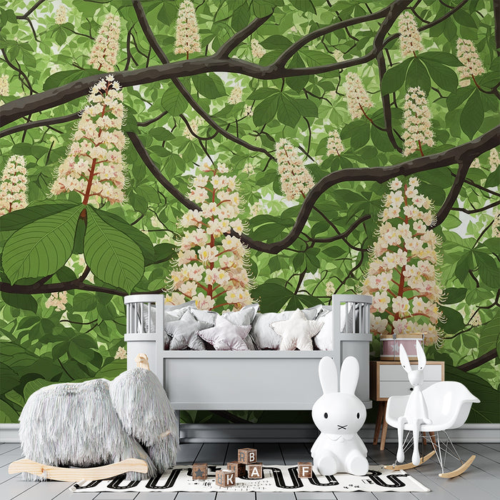Papel de parede para quarto de criança | Flores de castanheiro e folhagem exuberante