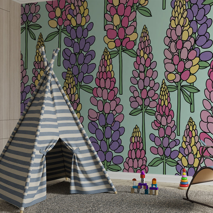 Barnetapet med lupinblomster på pastellfarge