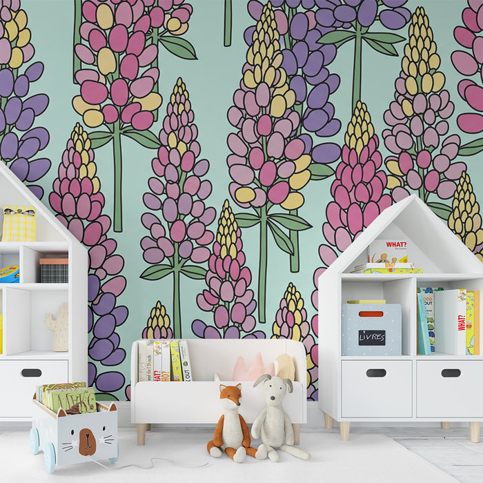Barnetapet med lupinblomster på pastellfarge