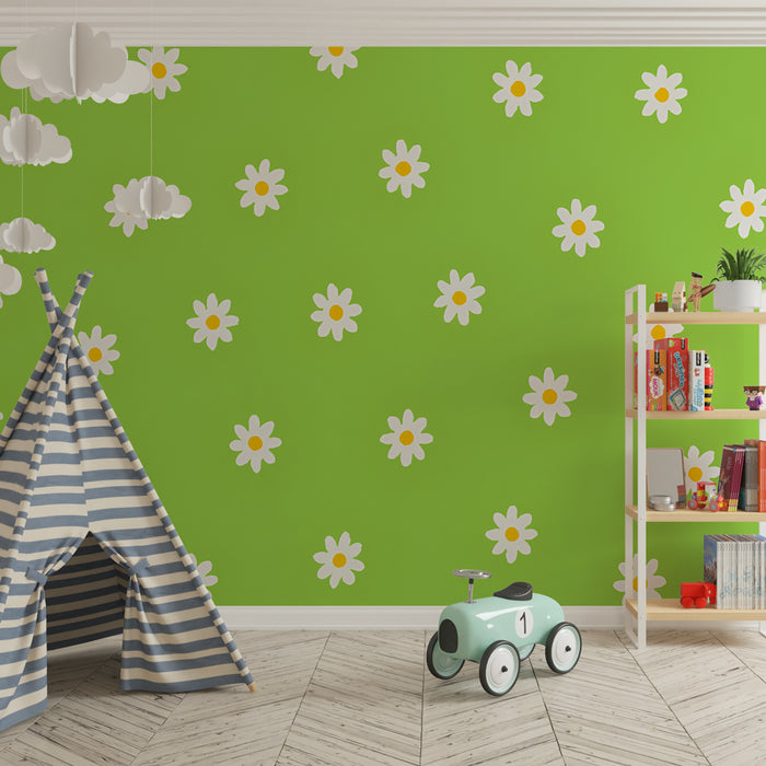 Papier peint chambre enfant | Fleurs de marguerite sur fond vert