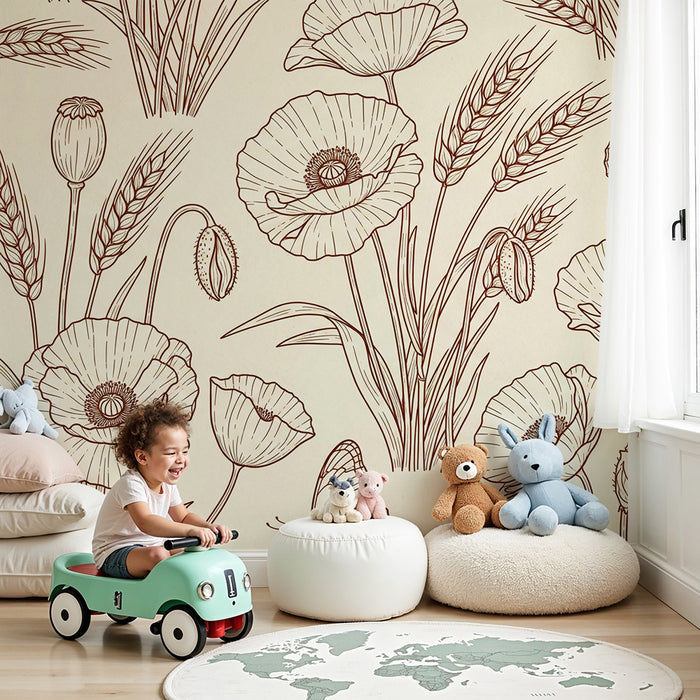 Behang kinderkamer | Klaprozen en tarwe met delicate vlinders