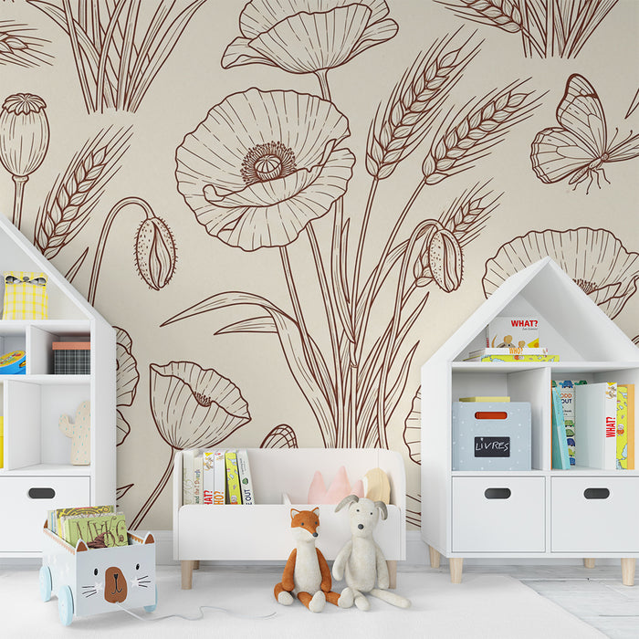 Behang kinderkamer | Klaprozen en tarwe met delicate vlinders