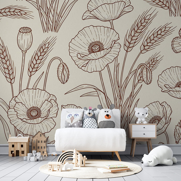 Behang kinderkamer | Klaprozen en tarwe met delicate vlinders