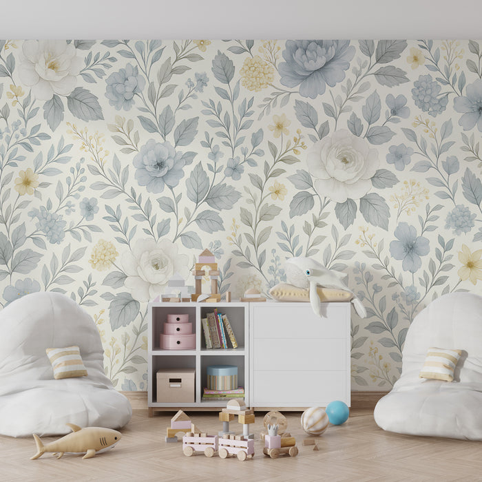 Kinderzimmer Tapete | Zarte Blumen in Blau und Creme