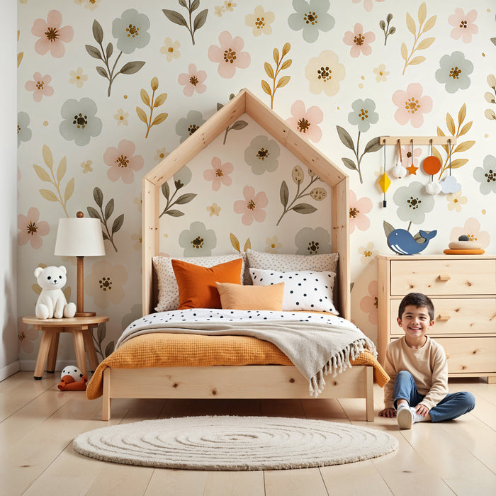 Papier peint chambre enfant | Fleurs délicates et couleurs douces