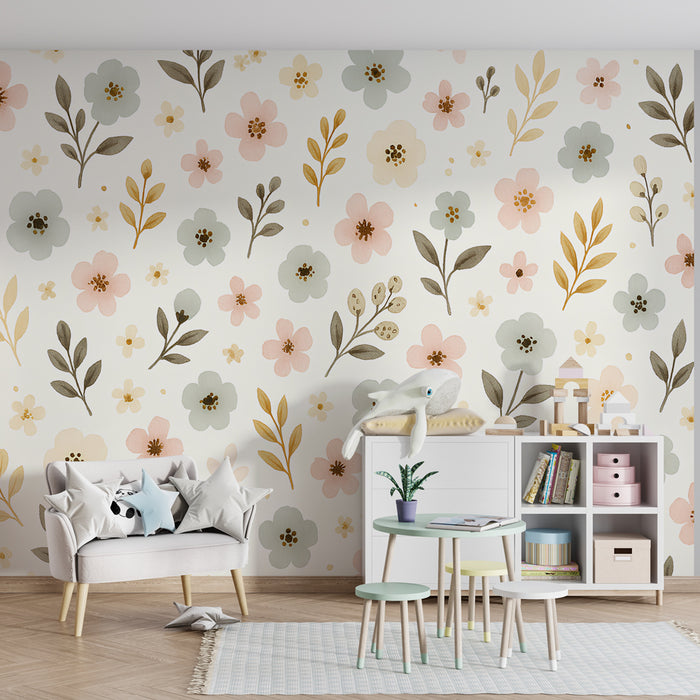 Papier peint chambre enfant | Fleurs délicates et couleurs douces