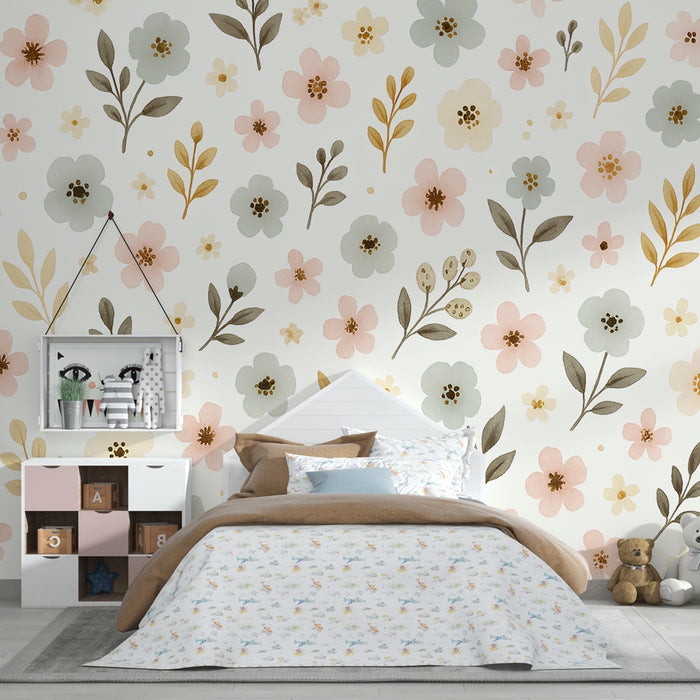 Papier peint chambre enfant | Fleurs délicates et couleurs douces