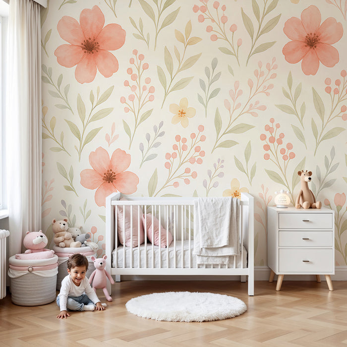 Kinderzimmer Tapete | Zarte Blumen und Pastellweichheit