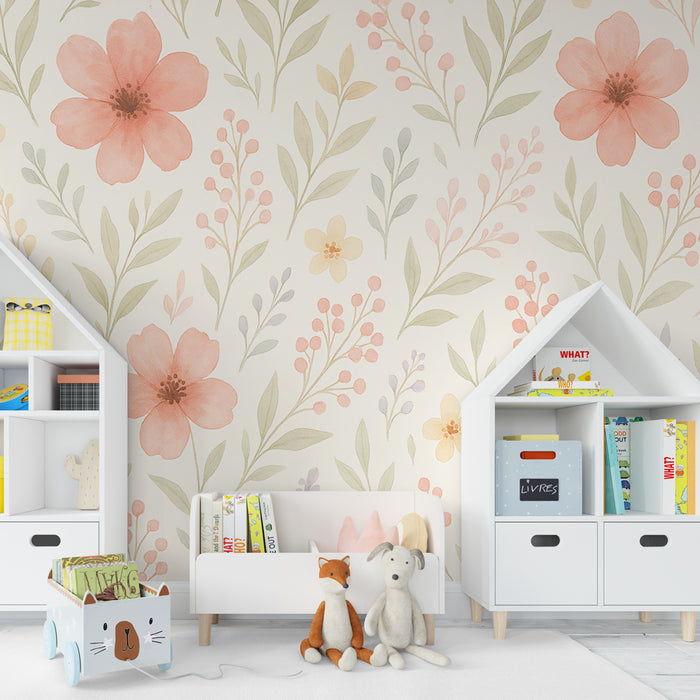 Kinderzimmer Tapete | Zarte Blumen und Pastellweichheit