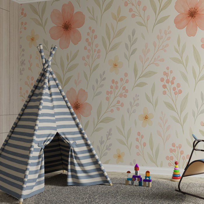 Kinderzimmer Tapete | Zarte Blumen und Pastellweichheit
