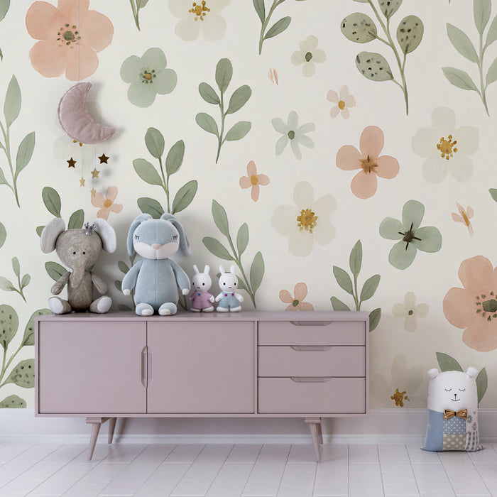Kids room wallpaper | Delicate flowers and soft foliage