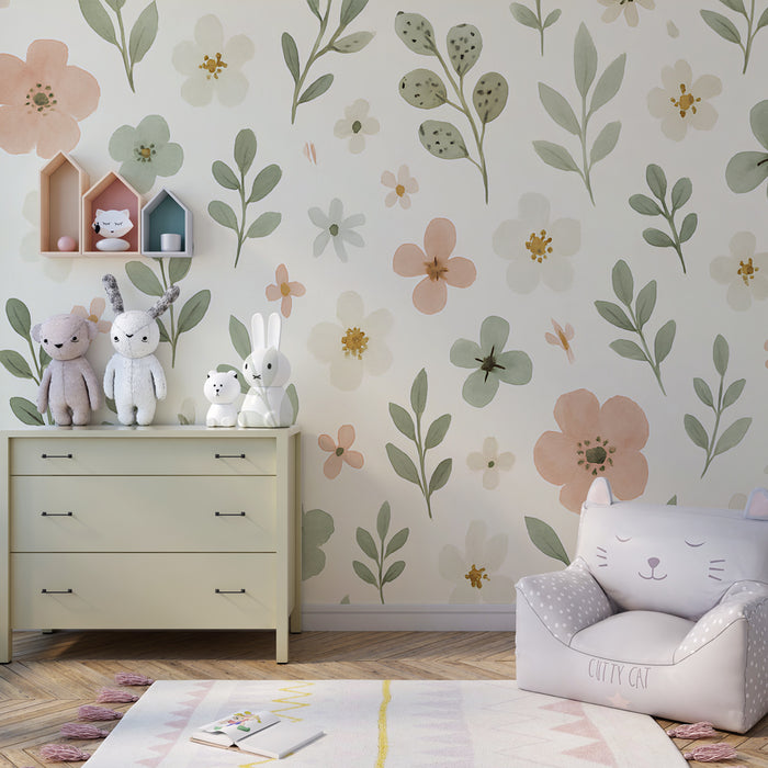 Kids room wallpaper | Delicate flowers and soft foliage