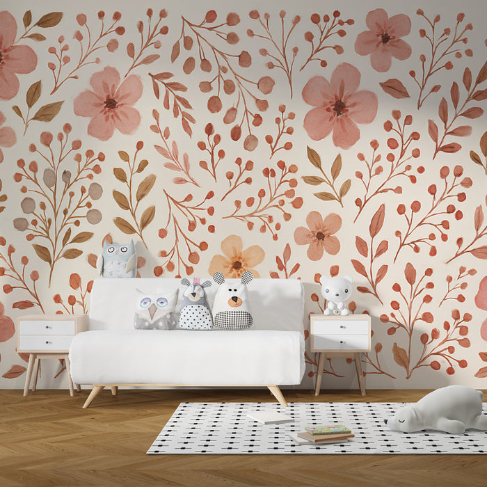 Papier peint chambre enfant | Fleurs délicates et feuillages doux