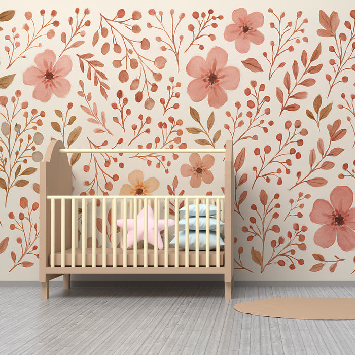 Papier peint chambre enfant | Fleurs délicates et feuillages doux