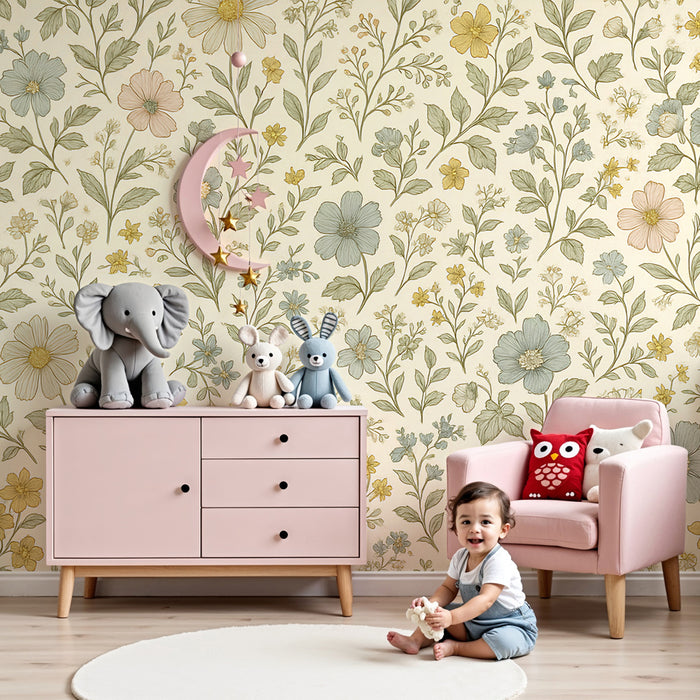 Papier peint chambre enfant | Fleurs délicates et nature douce