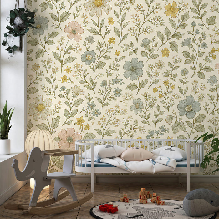 Papier peint chambre enfant | Fleurs délicates et nature douce