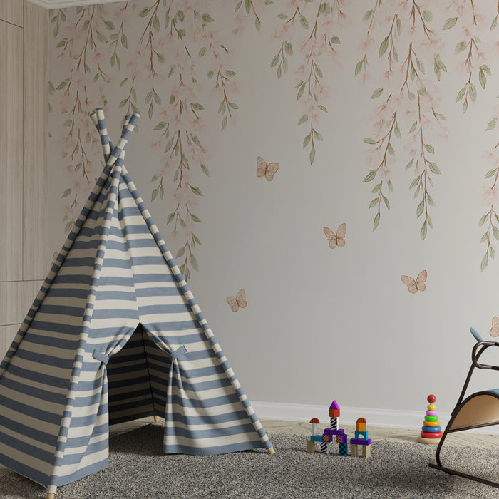 Kids room wallpaper | Delicate flowers and butterflies