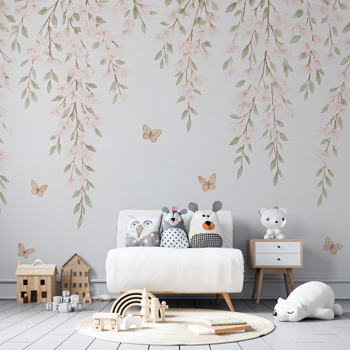 Kids room wallpaper | Delicate flowers and butterflies