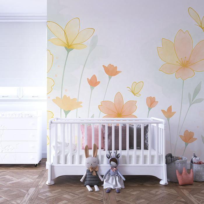 Papel de parede criança | Delicadas flores pastel e borboletas