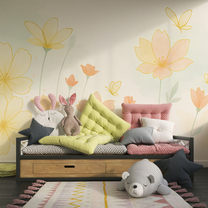 Papel de parede criança | Delicadas flores pastel e borboletas