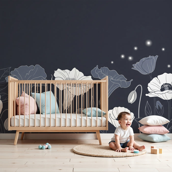 Papel de parede crianță | Flori delicate pe fundal de noapte