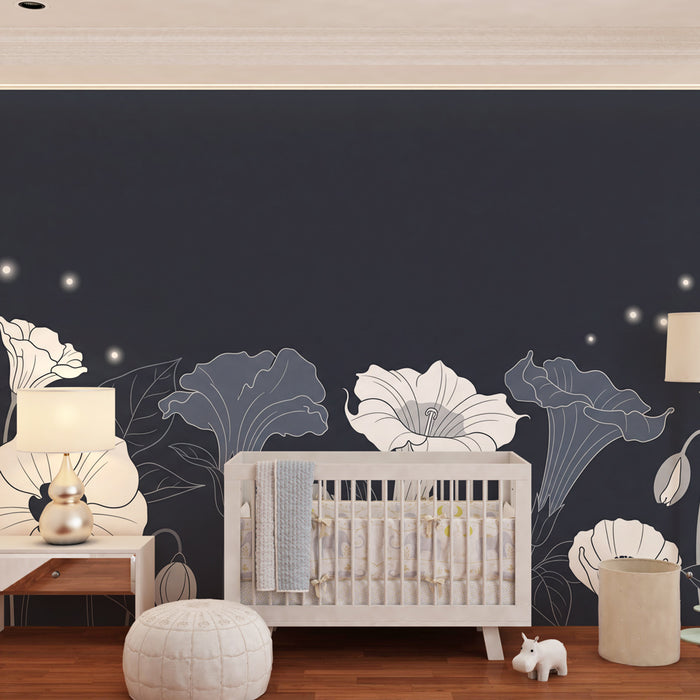 Papel de parede crianță | Flori delicate pe fundal de noapte