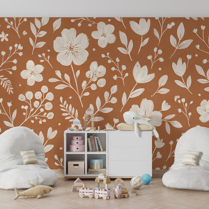 Papel de parede criança | Flores delicadas em fundo terracota