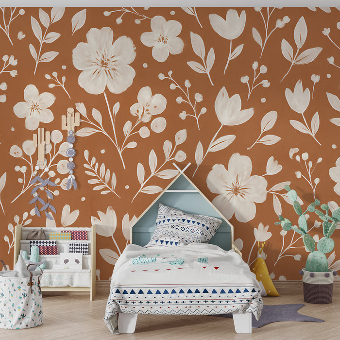 Papel de parede criança | Flores delicadas em fundo terracota