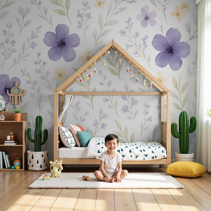 Papier peint chambre enfant | Fleurs délicates violettes et feuillage doux