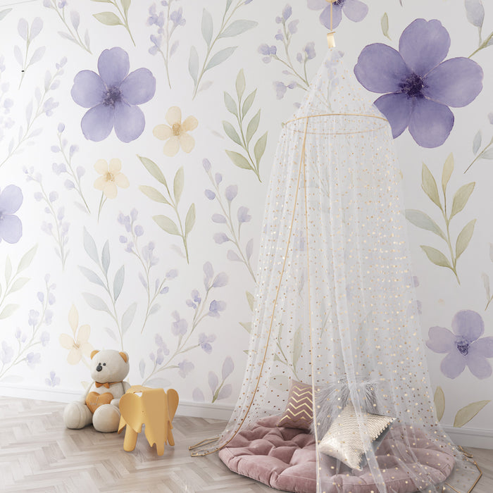 Papier peint chambre enfant | Fleurs délicates violettes et feuillage doux
