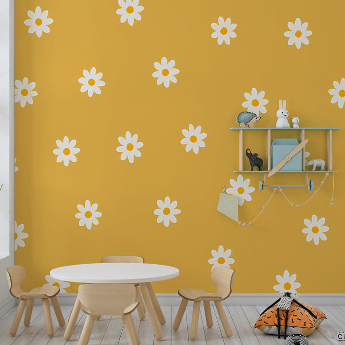 Papier peint chambre enfant | Fleurs des champs sur fond jaune