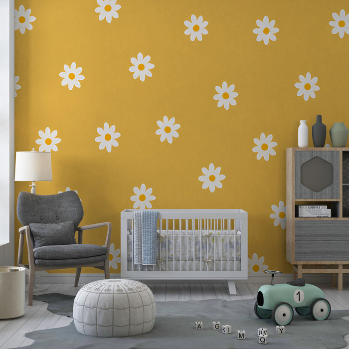 Papier peint chambre enfant | Fleurs des champs sur fond jaune