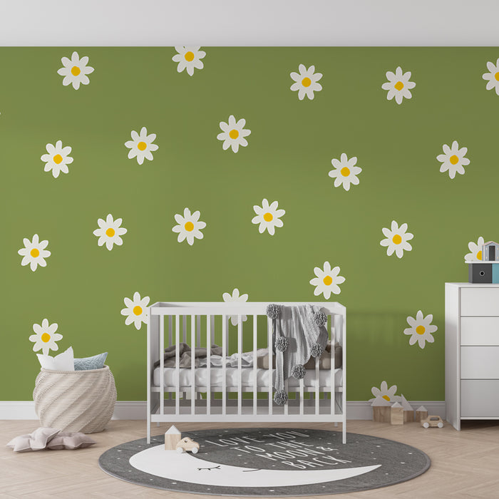 Kinderzimmer Tapete | Feldblumen auf grünem Hintergrund