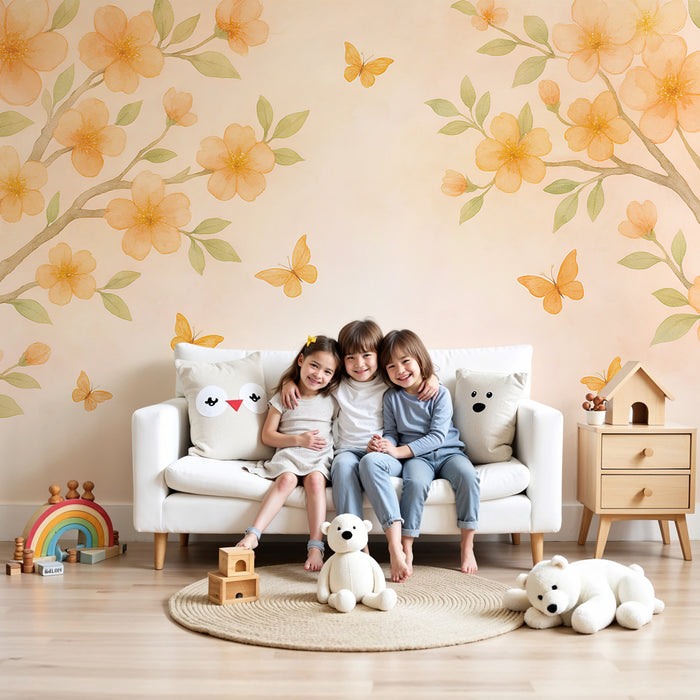 Papier peint chambre enfant | Fleurs dorées et papillons