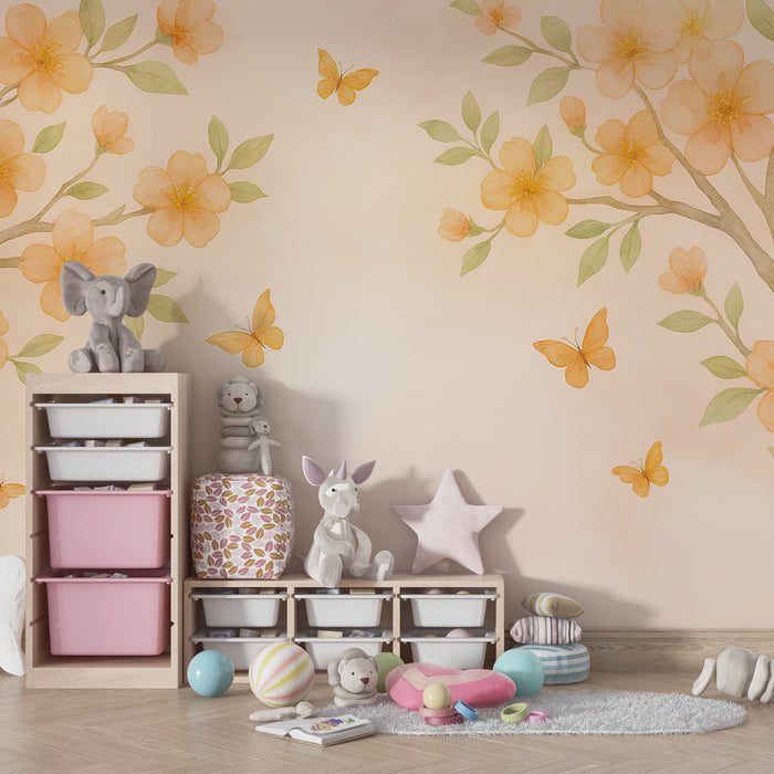 Papier peint chambre enfant | Fleurs dorées et papillons