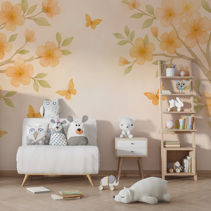 Papier peint chambre enfant | Fleurs dorées et papillons