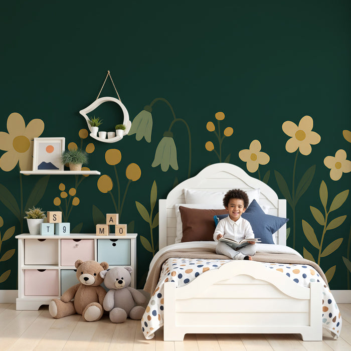Papier peint chambre enfant | Fleurs douces sur fond vert