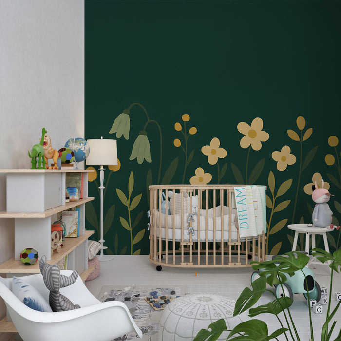 Papier peint chambre enfant | Fleurs douces sur fond vert