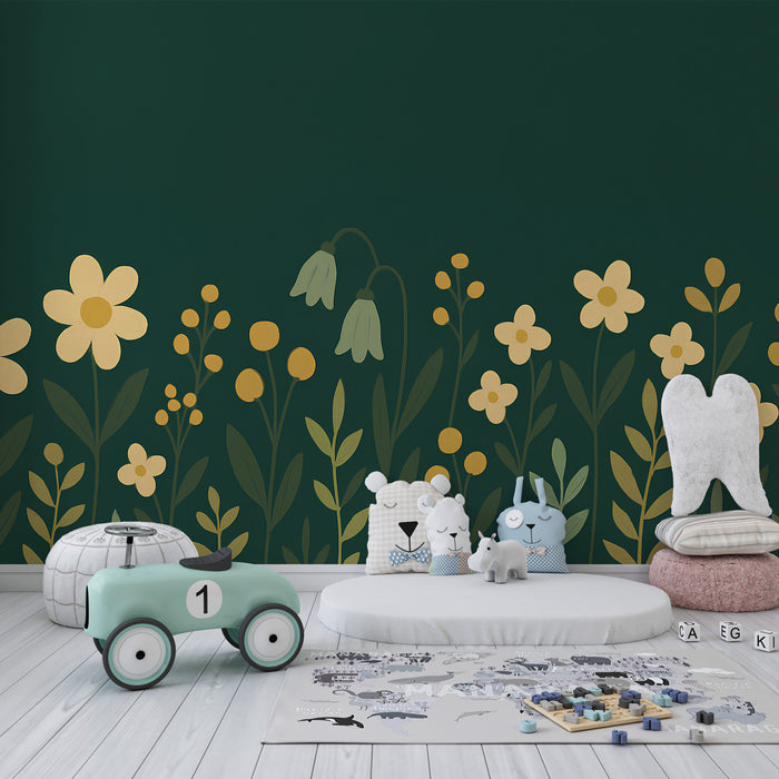 Papier peint chambre enfant | Fleurs douces sur fond vert