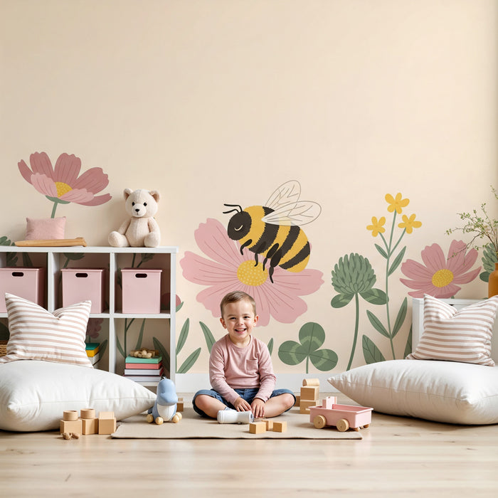 Papel pintado infantil | Flores y abejas coloridas