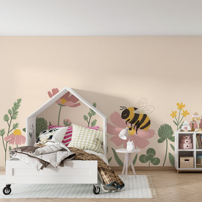 Papel pintado infantil | Flores y abejas coloridas