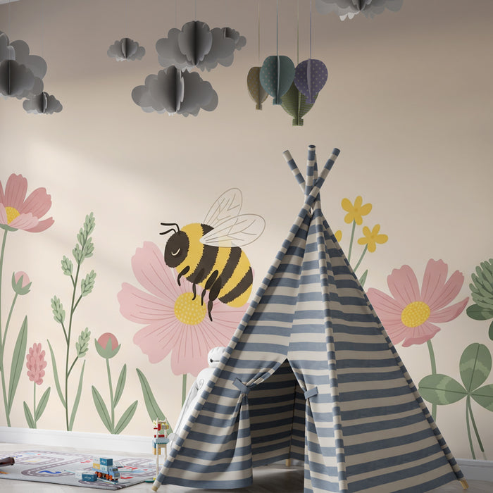 Papel pintado infantil | Flores y abejas coloridas