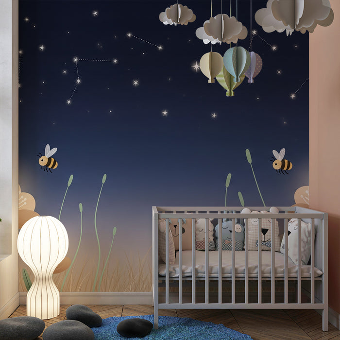 Gyermekszoba tapéta | Virágok és méhek a csillagképek alatt